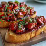 Fresh strawberry bruschetta with balsamic and mint, toasted baguette slices topped with juicy berries and fragrant herbs.