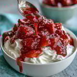 Strawberry compote over Greek yogurt with fresh mint garnish.  