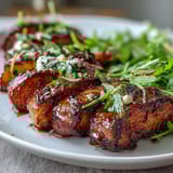 A summer salad of grilled peaches, burrata, arugula, and balsamic glaze, perfect for warm gatherings.  
