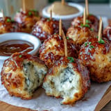 Festive olive cheese balls baked golden, perfect for any party appetizer.