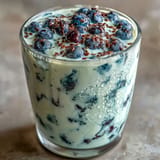 Vibrant probiotic kefir smoothie with blueberries, flaxseed, ready for breakfast.