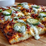 Delicious pickle pizza flatbread, ready to be drizzled with creamy garlic ranch.