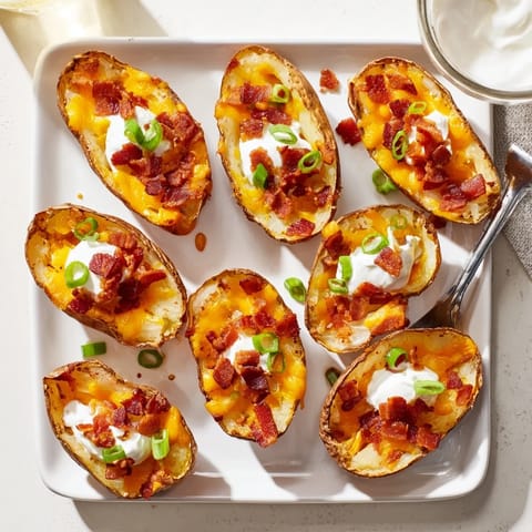 Golden-brown Potato Skins loaded with melted cheddar, smoky bacon, and green onions.