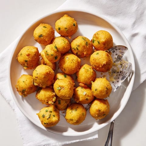 Golden, crispy Hushpuppies hot from the fryer, dusted with flour and ready to serve with tartar sauce.