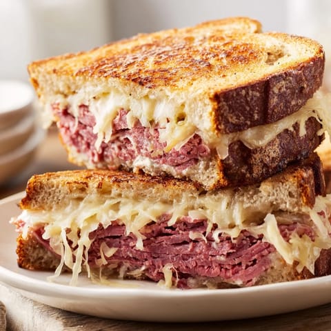 A classic Reuben Sandwich on rye, oozing melted Swiss cheese, corned beef, and tangy sauerkraut.
