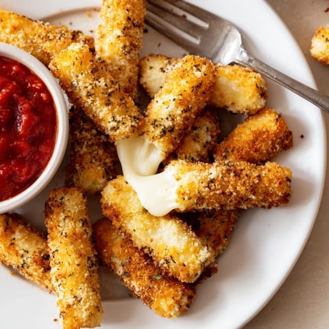 Crispy panko-crusted mozzarella sticks arranged neatly with a bowl of warm red dipping sauce.
