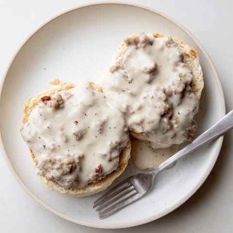 Golden brown, flaky biscuits smothered in creamy, peppery homemade sausage gravy for a classic breakfast.