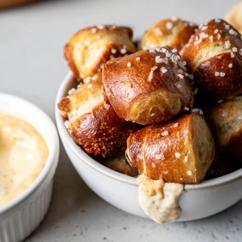 A batch of soft, pillowy pretzel bites sprinkled with coarse salt alongside a warm cheddar cheese dip.
