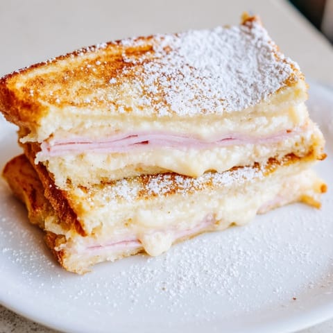 A perfectly fried Monte Cristo sandwich, layered with melted Swiss cheese and ham, ready to be dipped in sweet jam. 