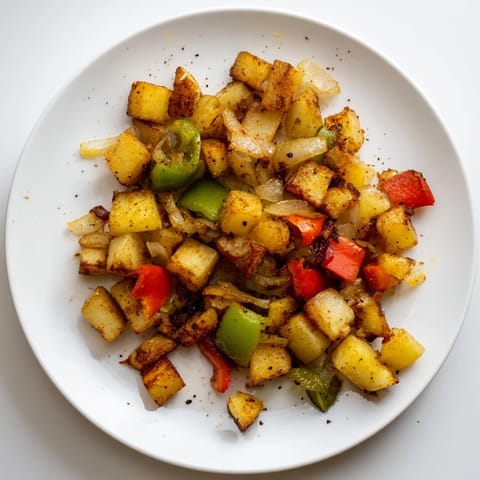 Golden-brown home fries with sautéed onions and peppers in a cast iron skillet, ready for breakfast.