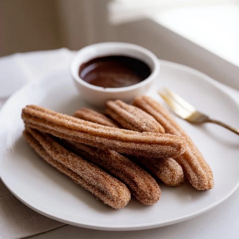 Golden-brown homemade churros coated in cinnamon sugar, ready to be dipped in rich, glossy chocolate sauce.