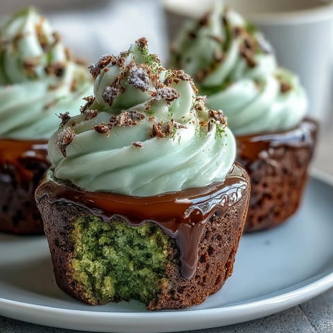 Festive green velvet cupcakes topped with smooth cream cheese frosting, perfect for St. Patrick's Day celebrations.