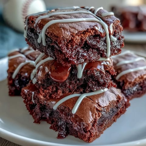 Baseball themed brownie bites with white icing laces, fudgy chocolate treats for sports parties.  