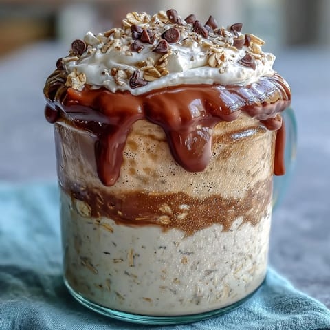 Creamy Vanilla Bean Frappuccino Overnight Oats in a jar, topped with whipped cream and chocolate chips for a coffeehouse-inspired breakfast treat.