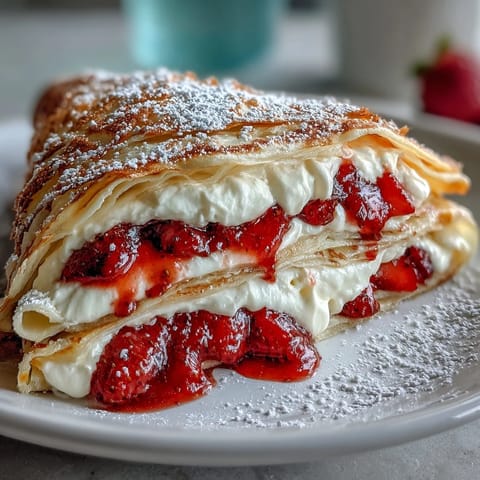 Layered strawberry crepe cake with fresh berries and vanilla cream, perfect for a stunning Mothers Day dessert centerpiece.  