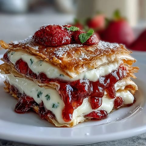 Delicate French crepes stacked with sweet strawberries and silky mascarpone cream, dusted with powdered sugar for an elegant brunch treat.  