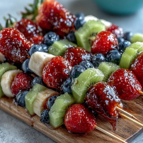Festive Fourth of July fruit skewers with strawberries, bananas, and blueberries arranged in patriotic colors for summer celebrations.