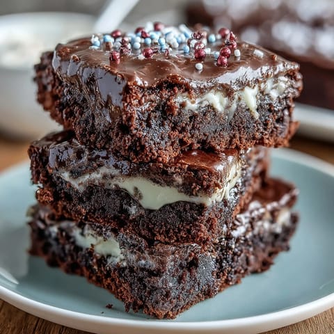 Festive Fourth of July brownie bites topped with creamy vanilla frosting and red, white, and blue sprinkles for a patriotic dessert.