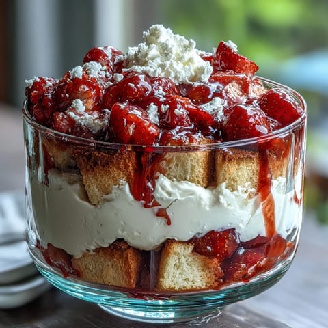 Beautiful Mothers Day Strawberry Shortcake Trifle with fresh berries and cream in glass bowl.