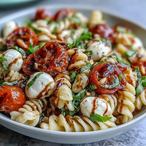 Colorful Caprese-style pasta salad featuring juicy tomatoes, creamy mozzarella, and fragrant basil leaves.