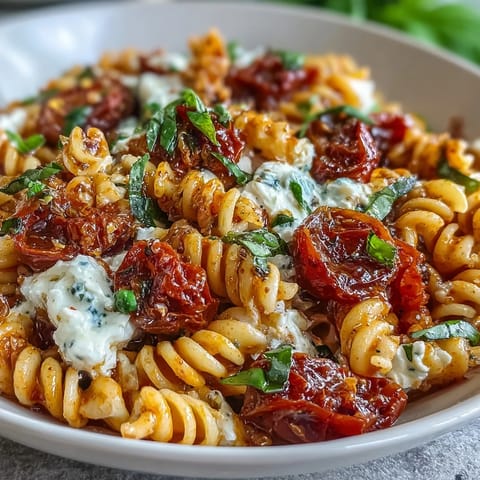 Golden Caprese Pasta with Burrata, tossed in garlic olive oil and finished with fragrant basil leaves for a fresh taste.
