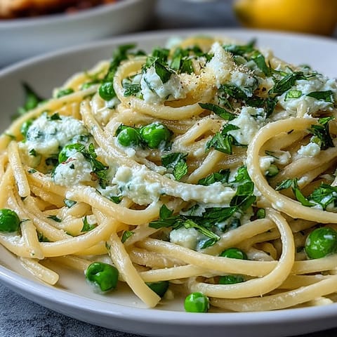 Spring Pasta: Ricotta and Lemon Linguine with Peas in a bright bowl, garnished with lemon zest and parsley, creamy ricotta sauce coating al dente pasta and vibrant green peas.