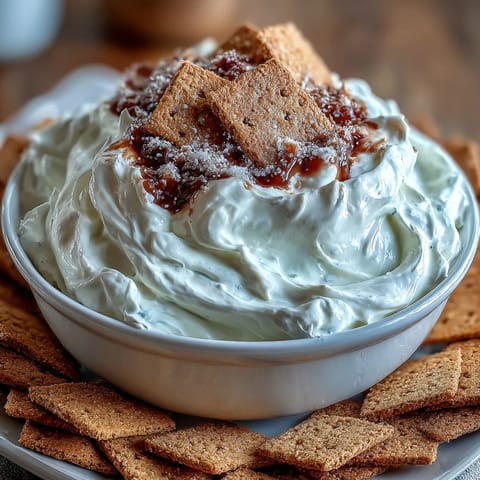 Creamy, dreamy cheesecake dip with a velvety texture, served with crunchy graham crackers for the ultimate sweet snack.