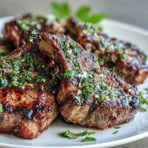Tender lamb chops grilled to perfection, topped with a vibrant mint gremolata for a fresh, zesty finish.