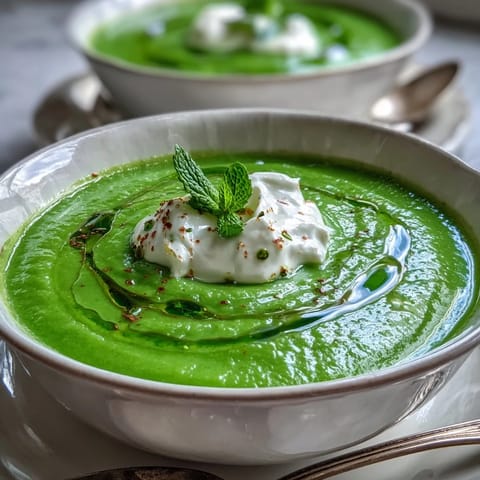 Vibrant spring pea soup with creamy ricotta and mint oil garnish.