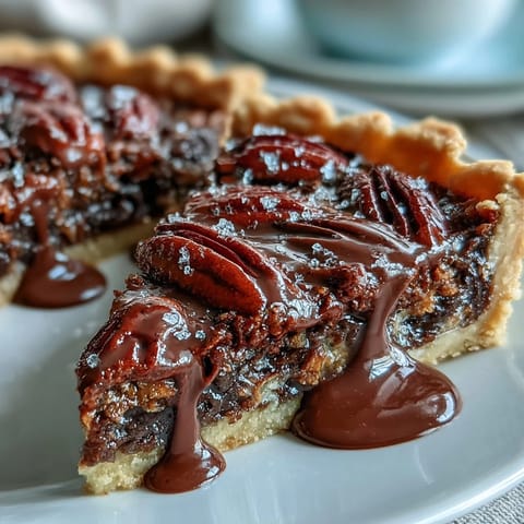 Decadent chocolate bourbon pecan tart, a Southern-inspired dessert ready for slicing.