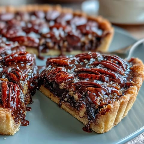 Rich chocolate bourbon pecan tart with flaky crust, perfect for dessert.