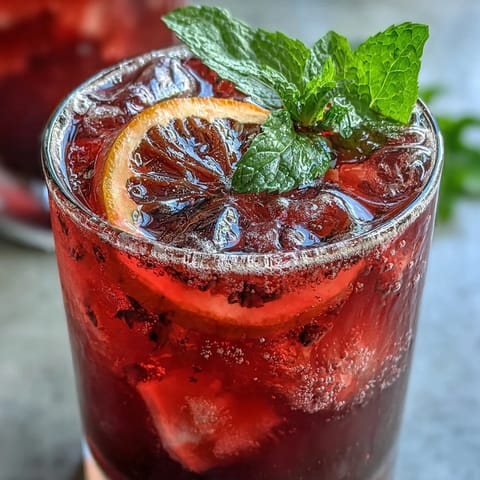 Vibrant Sparkling Hibiscus Mint Lemonade Mocktail poured into a tall glass over ice.