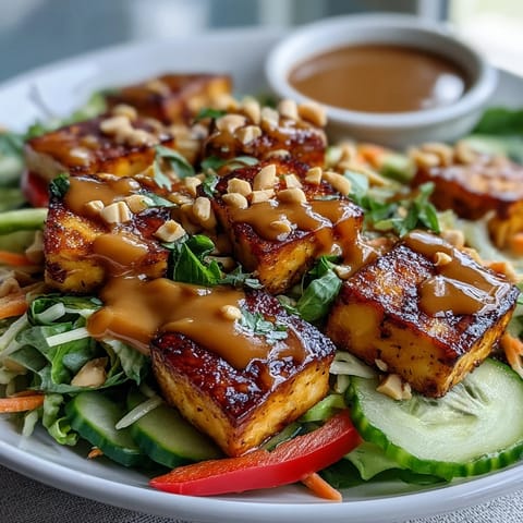 Vibrant Thai Mango Salad with Crispy Tofu, generously drizzled with peanut sauce.