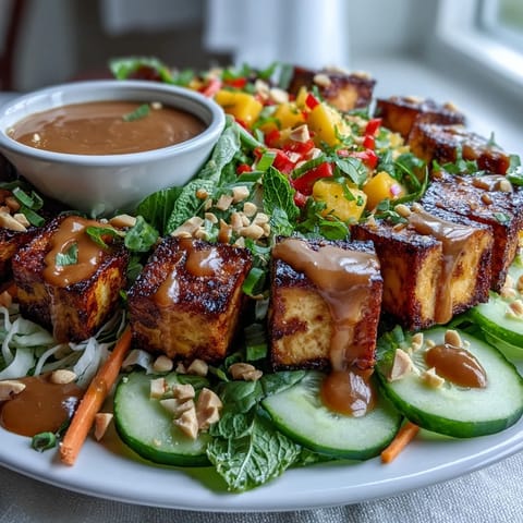 Crispy golden tofu atop a refreshing Thai Mango Salad, bursting with color.