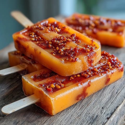 Vibrant Fricy Mango Chamoy Popsicles with Tajin swirled with spicy goodness.