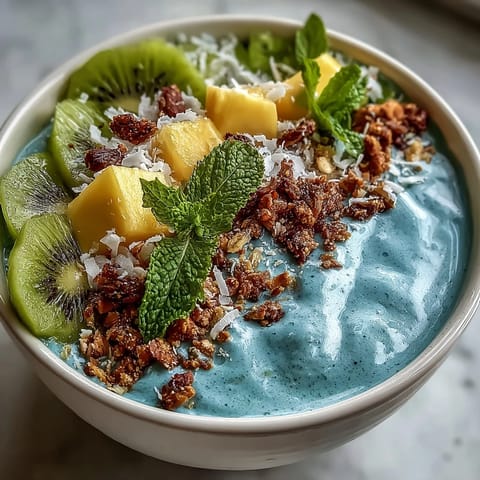 Vibrant blue spirulina smoothie bowl overflowing with fresh tropical fruit.