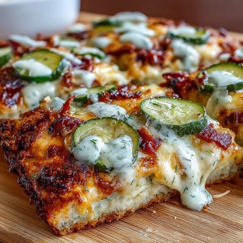 Delicious pickle pizza flatbread, ready to be drizzled with creamy garlic ranch.
