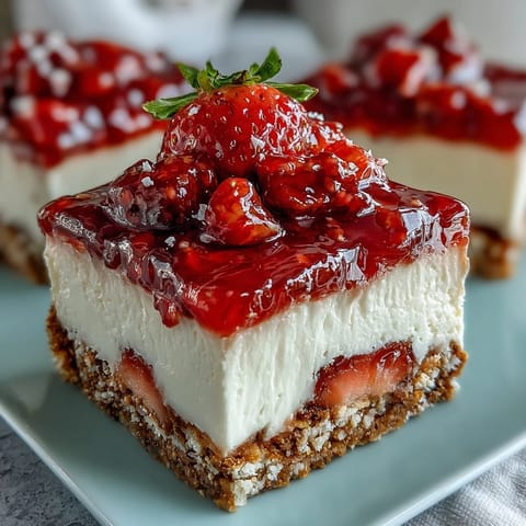 Closeup of Strawberry Pretzel Salad bars: sweet, salty layers ready to serve.
