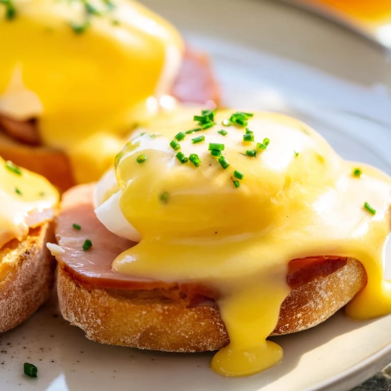 Plate of homemade Eggs Benedict garnished with fresh chives, ready for a cozy brunch or morning meal.