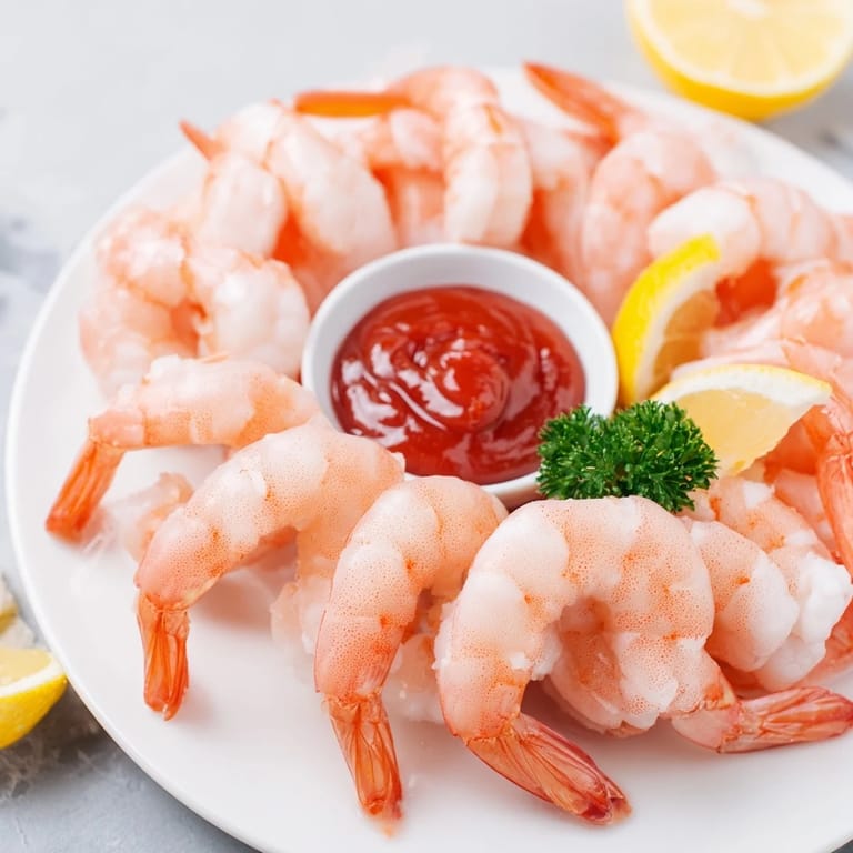 Classic Shrimp Cocktail served chilled over crisp lettuce, paired with lemon wedges and a rich red dipping sauce.