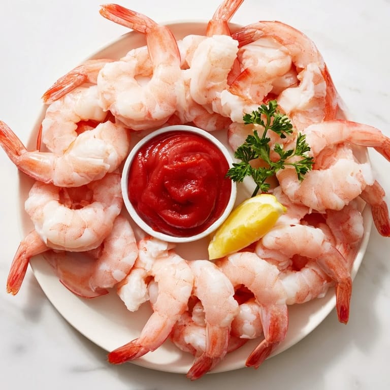 Easy homemade Shrimp Cocktail presented on a platter with parsley garnish and a small bowl of tangy sauce.