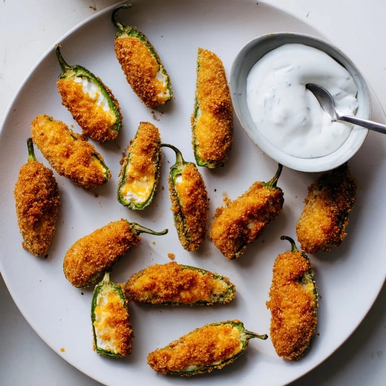 Crispy, fried Jalapeño Poppers arranged on a plate with a small bowl of ranch dressing.