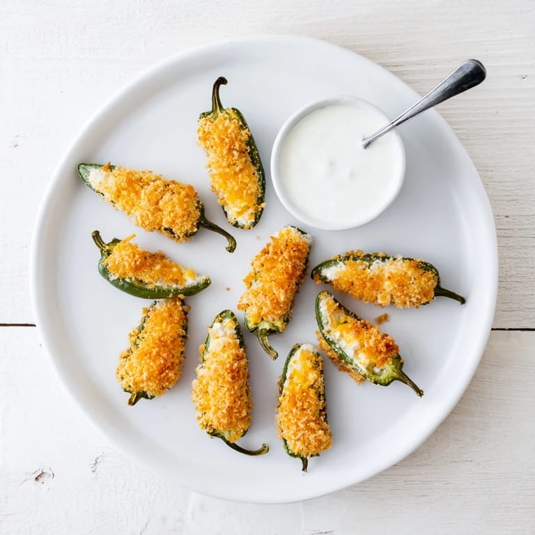 Freshly prepared Jalapeño Poppers featuring melted cheddar and cream cheese filling on a rustic table.
