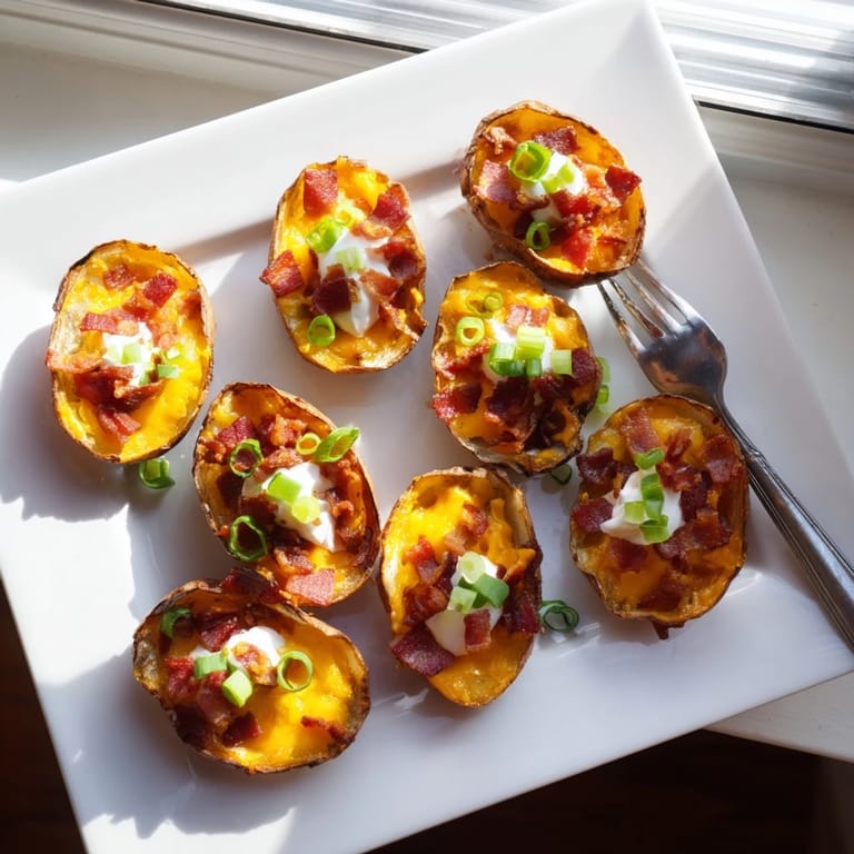 Sizzling baked Potato Skins topped with cheddar, bacon, and fresh scallions.