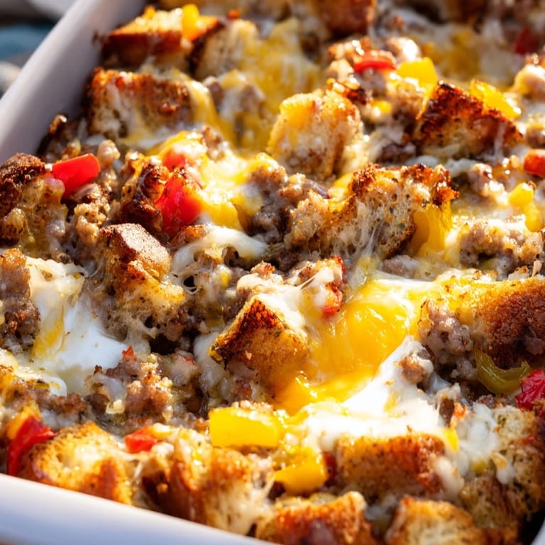 Sliced Breakfast Sausage Casserole reveals fluffy egg interior and melted cheddar, perfect for a cozy brunch spread.