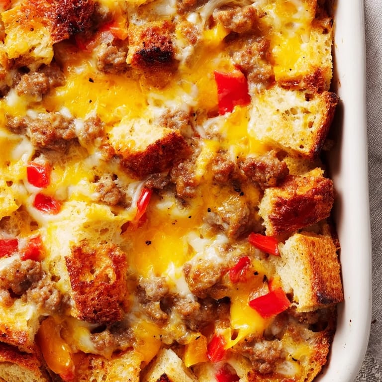 Overhead view of Breakfast Sausage Casserole with steam rising, ready to serve with hot sauce on the side.