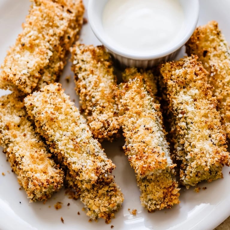 Freshly fried Fried Pickles served hot and crunchy alongside a small bowl of tangy ranch dressing.