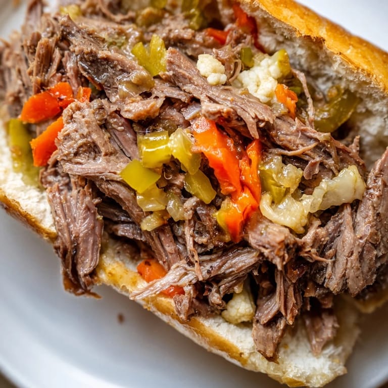 Close-up of a Chicago-style Italian Beef Sandwich overflowing with juicy shredded beef and giardiniera, served alongside a small bowl of rich au jus.