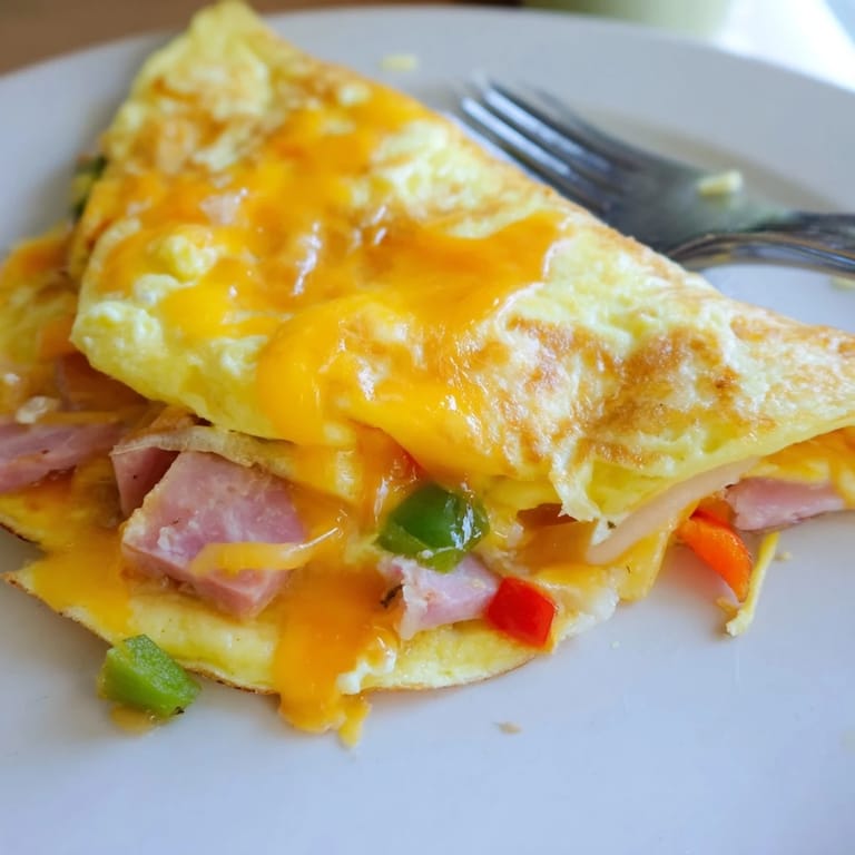 A fluffy Denver Omelet studded with red and green bell peppers, ham, and onions, topped with melted sharp cheddar cheese.