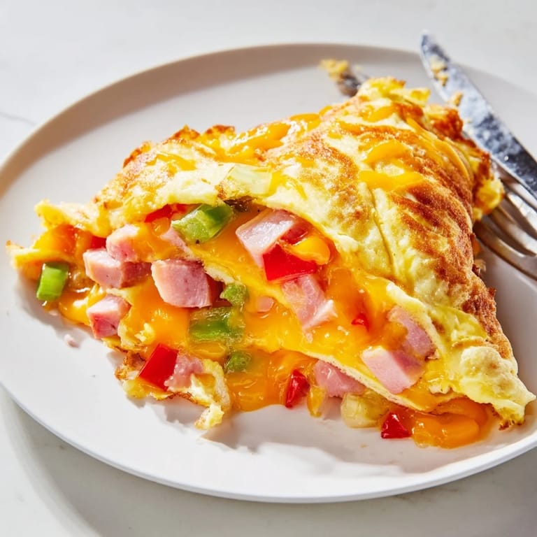 Golden Denver Omelet on a rustic wooden table, paired with buttered toast and hash browns for a hearty American breakfast.
